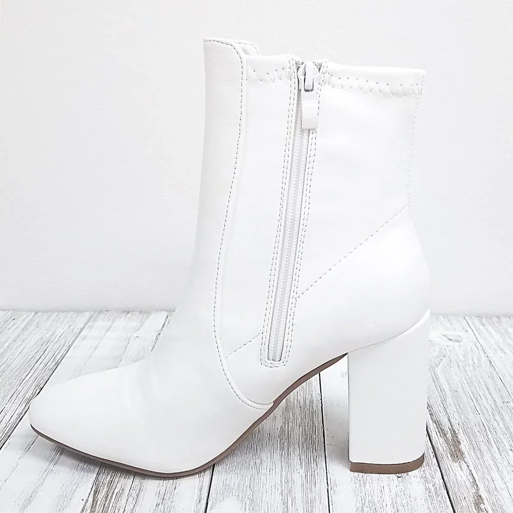 White Stretch Sock Ankle Boots Heel Booties